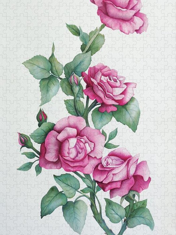 Print Jigsaw Puzzle featuring the painting Grandma Helen's Roses by Katherine Young-Beck