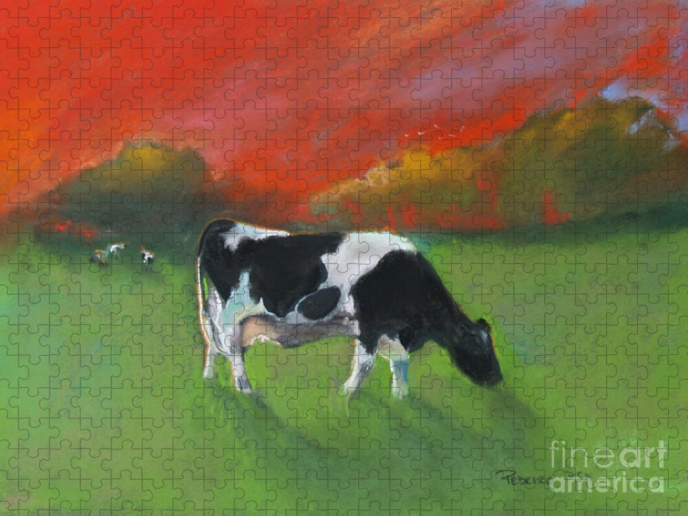 Cow Grazing In A Field With A Red Sky Jigsaw Puzzle featuring the pastel Grazing Cow by Robin Pedrero