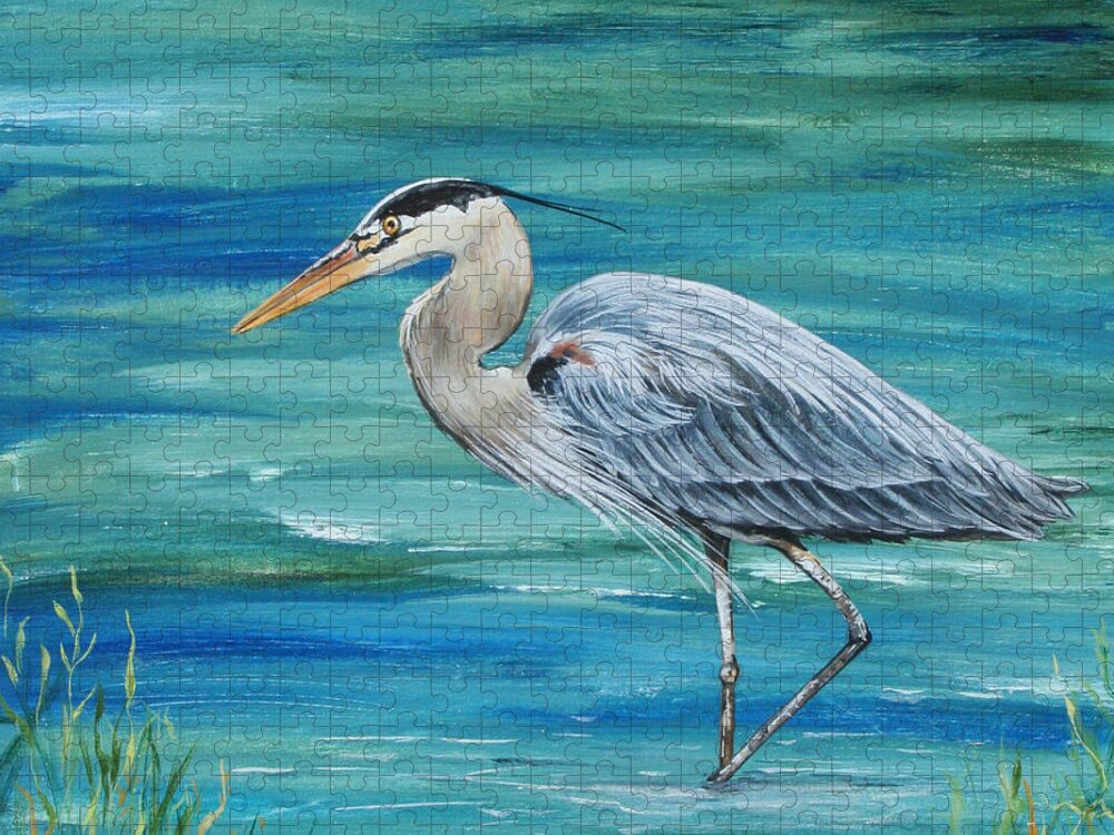 Blue Heron Jigsaw Puzzle featuring the painting Great Blue Heron-1a by Jean Plout