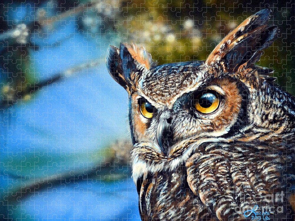 Great Horned Owl Jigsaw Puzzle featuring the painting Great Horned Owl by Lisa Clough Lachri