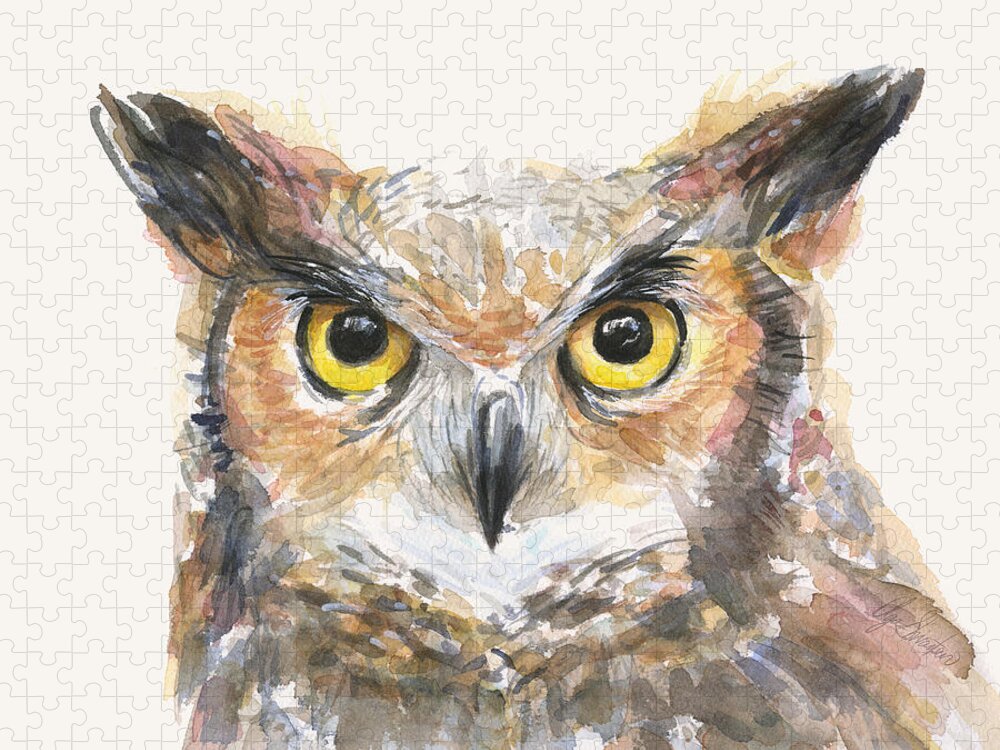 Owl Jigsaw Puzzle featuring the painting Great Horned Owl Watercolor by Olga Shvartsur