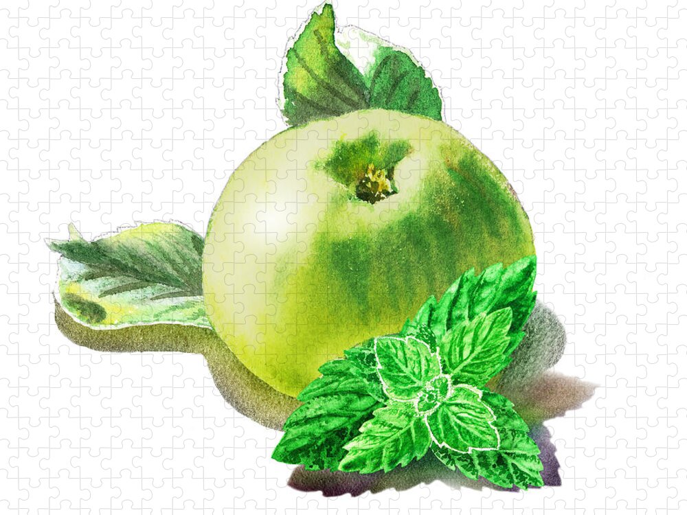 Green Apple Jigsaw Puzzle featuring the painting Green Apple And Mint Happy Union by Irina Sztukowski