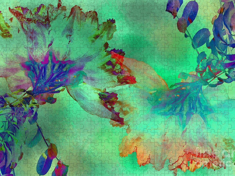 Claudia's Art Dream Jigsaw Puzzle featuring the digital art Green Hibiscus Mural Wall by Claudia Ellis