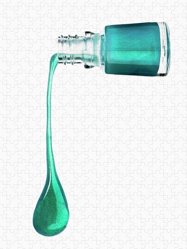 White Background Jigsaw Puzzle featuring the photograph Green Nail Polish Dripping From A Bottle by Larry Washburn