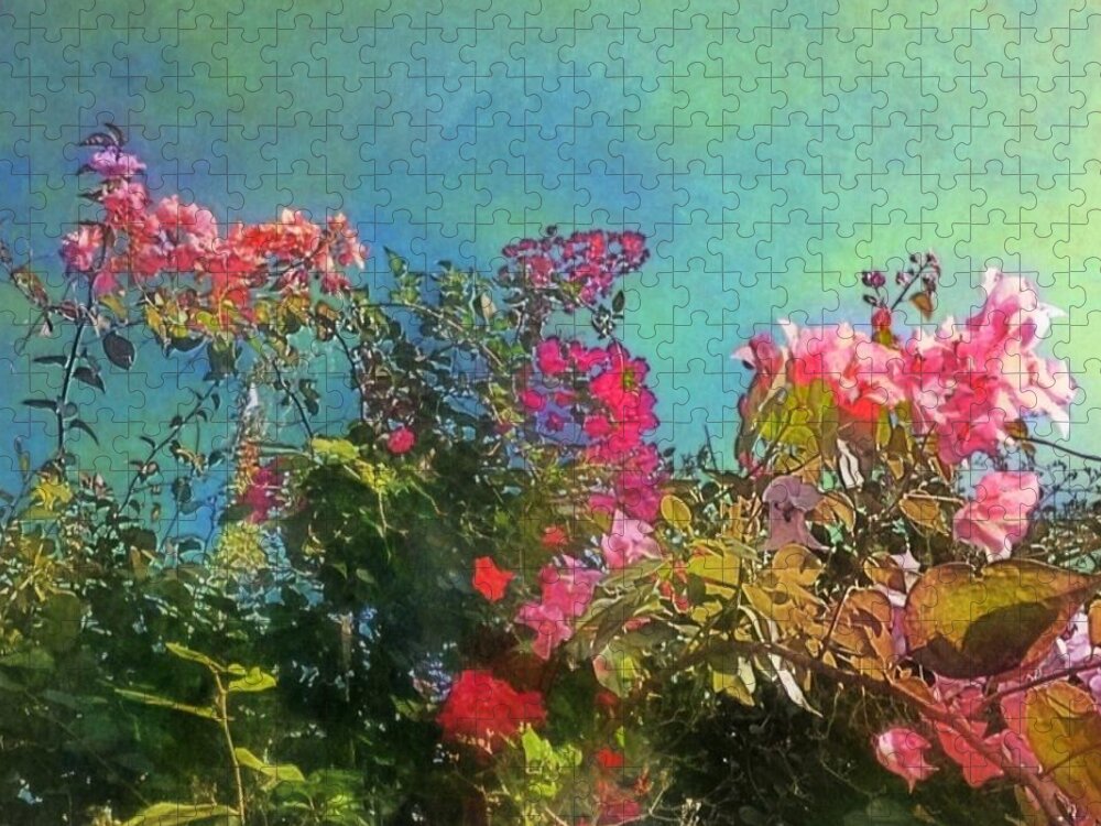 Sharkcrossing Jigsaw Puzzle featuring the digital art H Green Sky with pink Bougainvillea - Horizontal by Lyn Voytershark