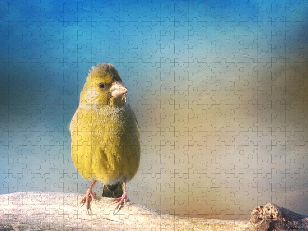 Decorative Jigsaw Puzzle featuring the photograph Greenfinch In Spring by Heike Hultsch