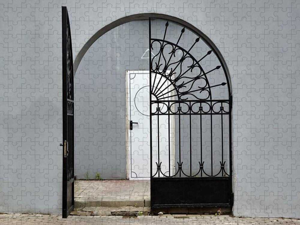 Arch Jigsaw Puzzle featuring the photograph Grey Wall With Iron Gate And Door In by Avnphotolab