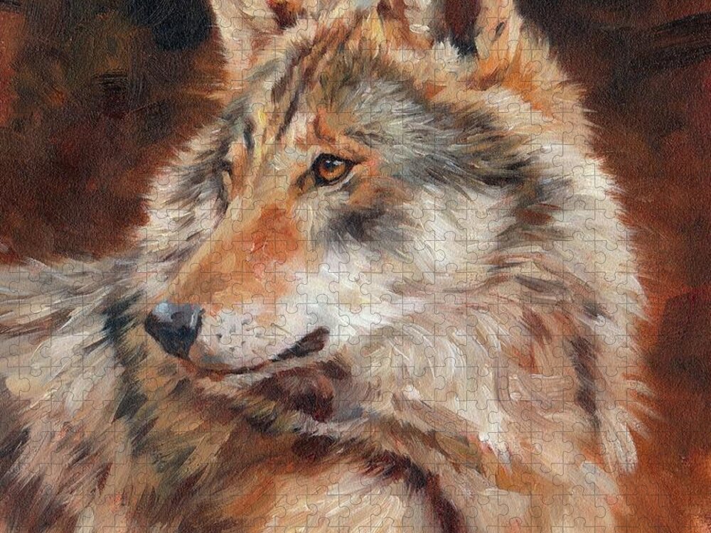 Wolf Jigsaw Puzzle featuring the painting Grey Wolf Portrait by David Stribbling