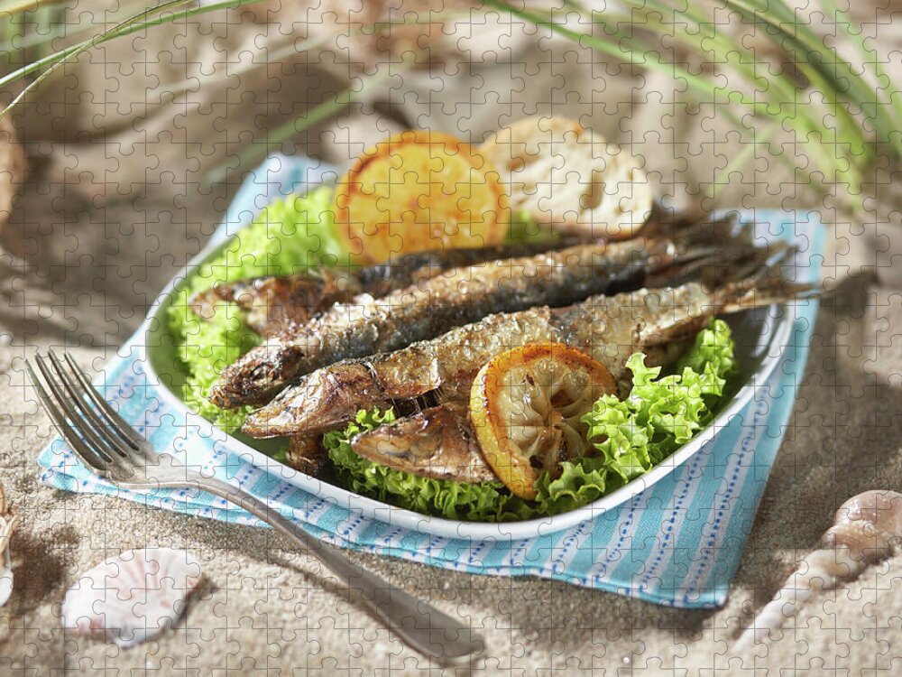 Grass Jigsaw Puzzle featuring the photograph Grilled Sardines With Salad And Lemon by Westend61
