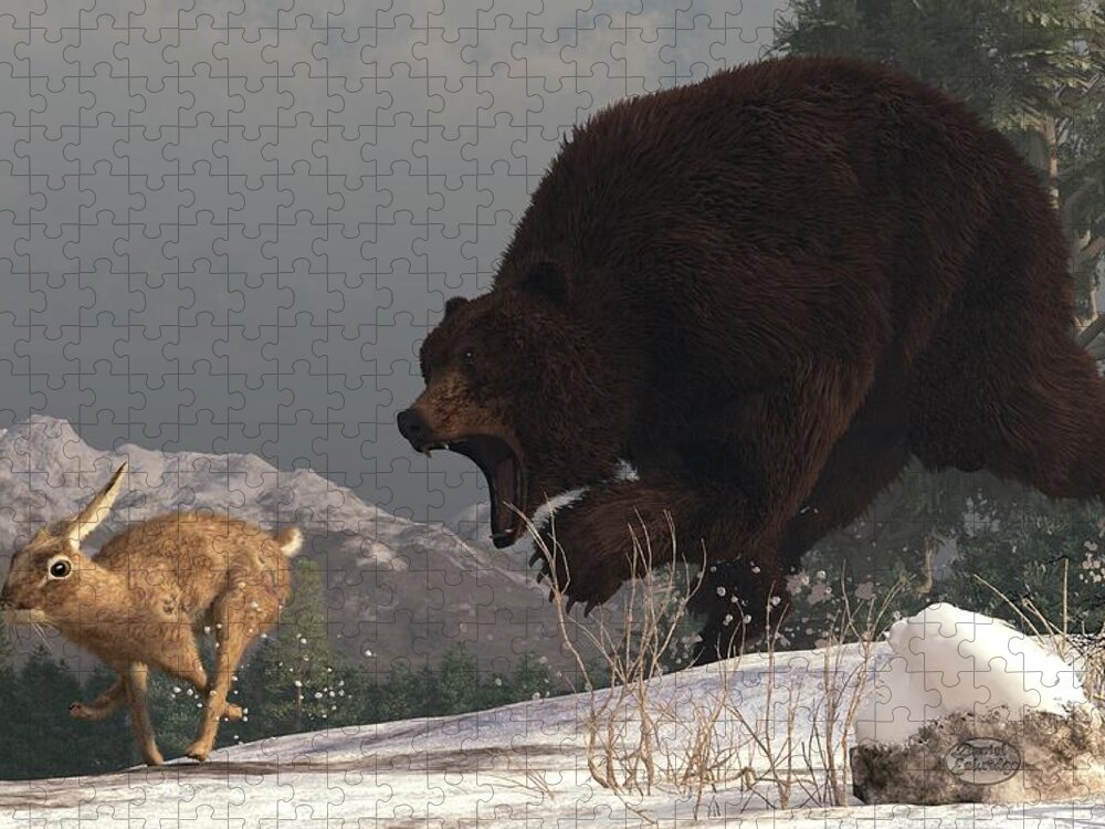 Bear Jigsaw Puzzle featuring the digital art Grizzly Bear Chasing Rabbit by Daniel Eskridge
