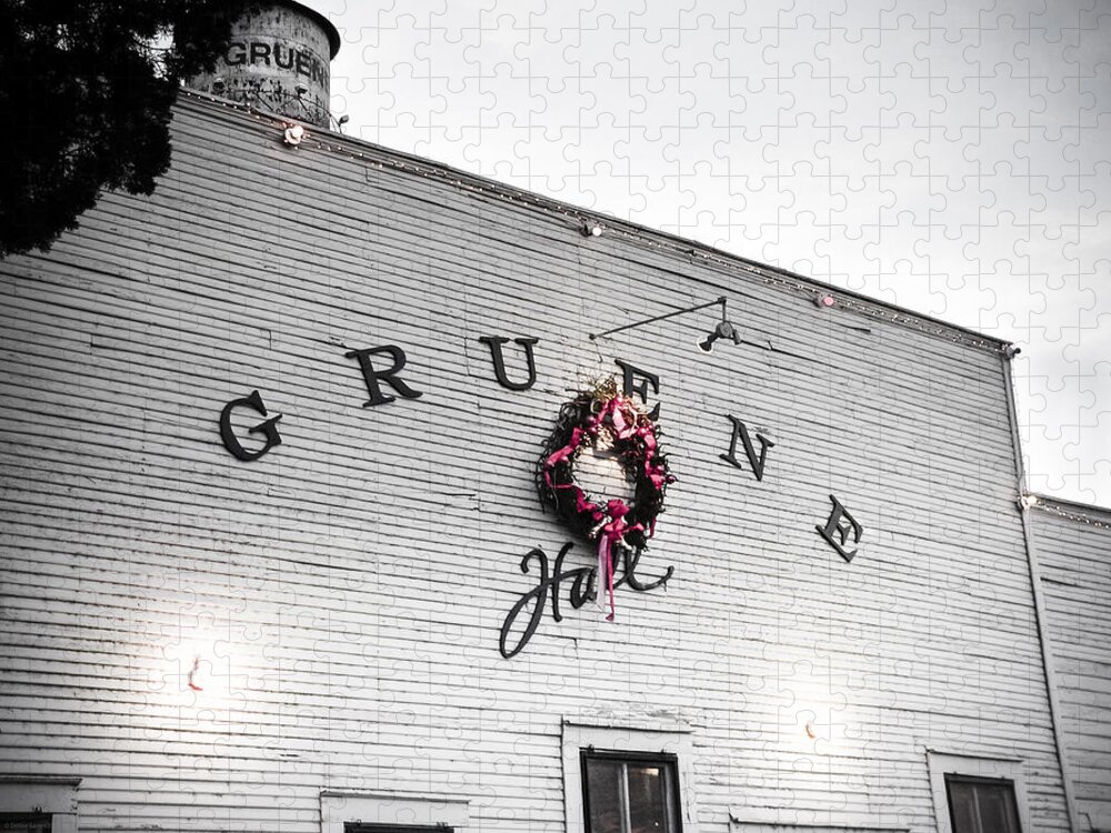 Black And White Jigsaw Puzzle featuring the photograph Gruene Hall Texas Christmas by Debbie Karnes