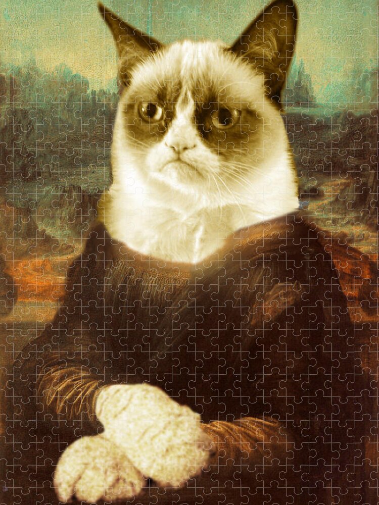 Leonardo Da Vinci Jigsaw Puzzle featuring the painting Grumpy Cat Mona Lisa by Tony Rubino