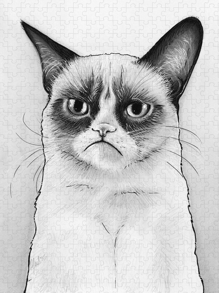 Grumpy Cat Jigsaw Puzzle featuring the drawing Grumpy Cat Portrait by Olga Shvartsur