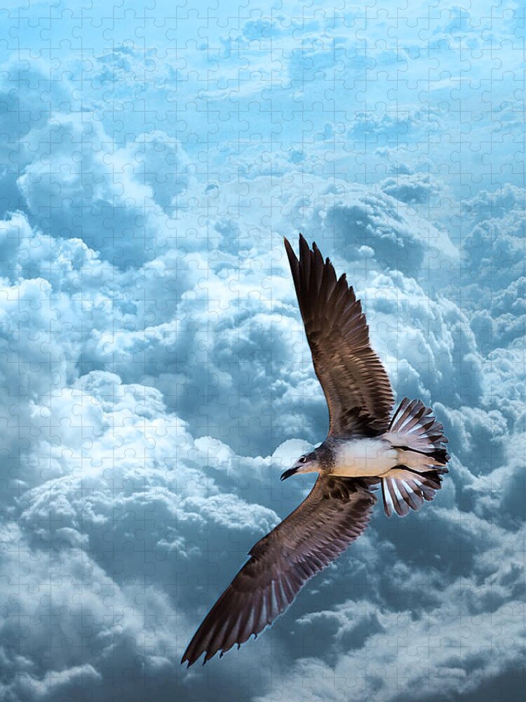 Bird Jigsaw Puzzle featuring the photograph Gull on Teal Clouds by Bill and Linda Tiepelman