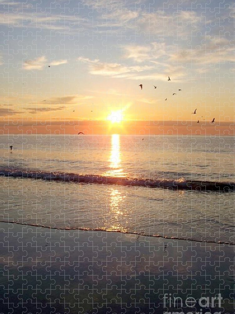 Seascape Jigsaw Puzzle featuring the photograph Gulls Dance In The Warmth Of The New Day by Eunice Miller
