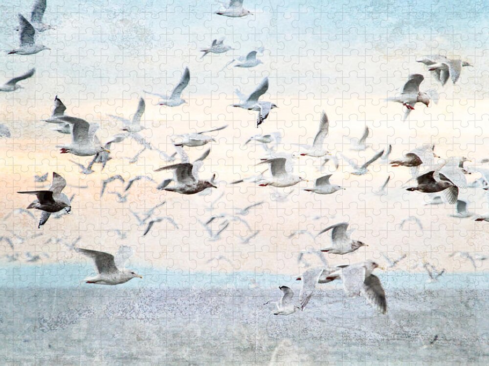 Gulls Jigsaw Puzzle featuring the photograph Gulls Flying Over the Ocean by Peggy Collins