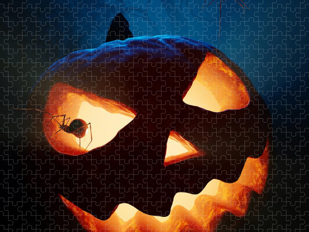 Halloween Jigsaw Puzzle featuring the photograph Halloween pumpkin and spiders by Johan Swanepoel