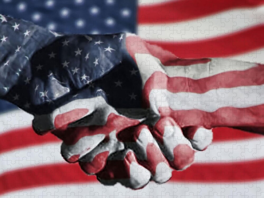 People Jigsaw Puzzle featuring the photograph Handshake Melded With American Flag by Sherry H. Bowen Photography