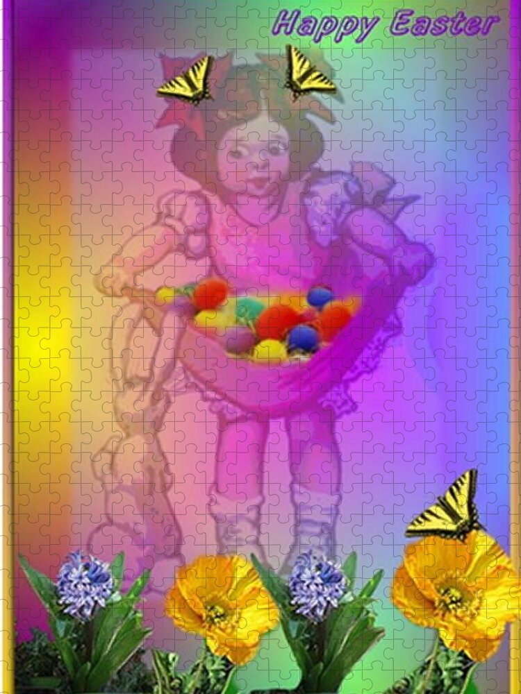 Easter Jigsaw Puzzle featuring the photograph Happy Easter Girl Eggs Bunny and flowers and butterflies by Joyce Dickens