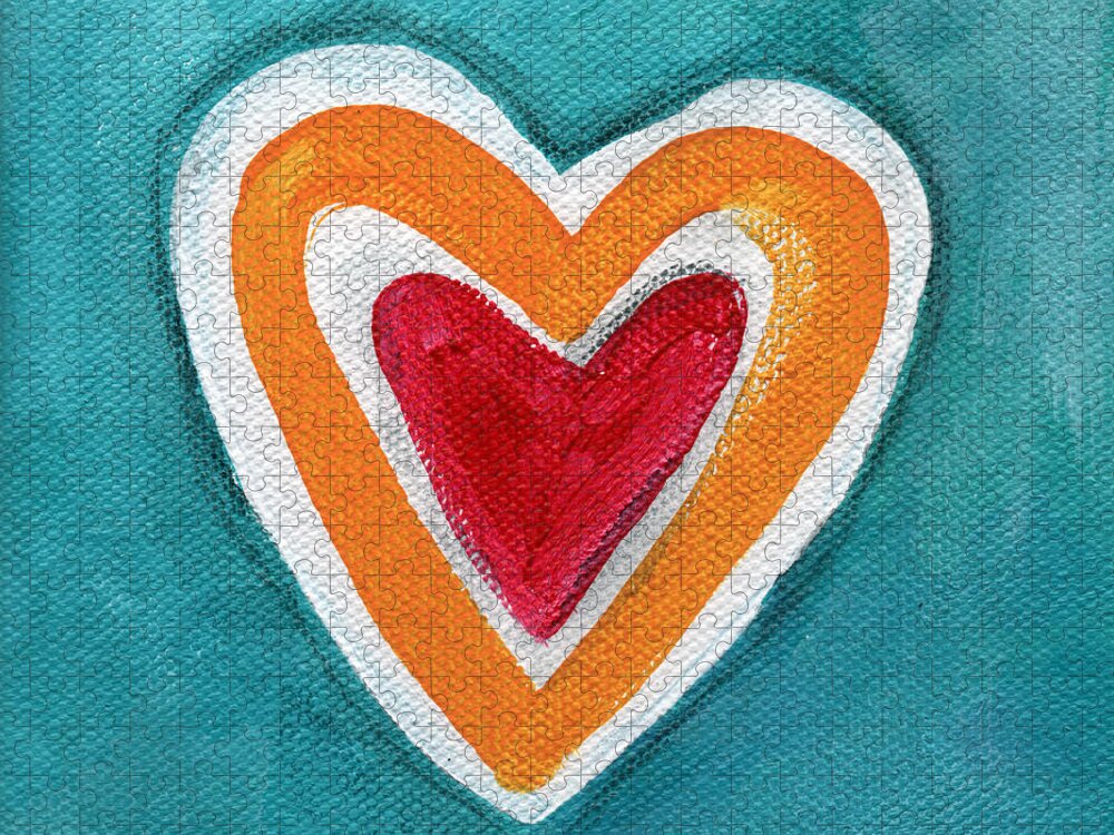 Love Hearts Romance Family Valentine Painting Heart Painting Blue Orange White Red Watercolor Ink Pop Art Bold Colors Bedroom Art Kitchen Art Living Room Art Gallery Wall Art Art For Interior Designers Hospitality Art Set Design Wedding Gift Art By Linda Woods Kids Room Art Dorm Room Pillow Jigsaw Puzzle featuring the painting Happy Love by Linda Woods