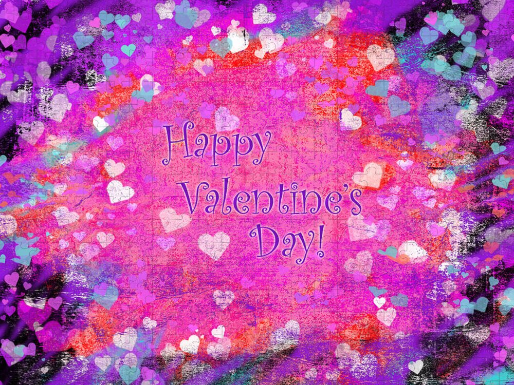 Happy Valentines Day Jigsaw Puzzle featuring the mixed media Happy Valentines Day grunge hearts greeting card by Marianne Campolongo