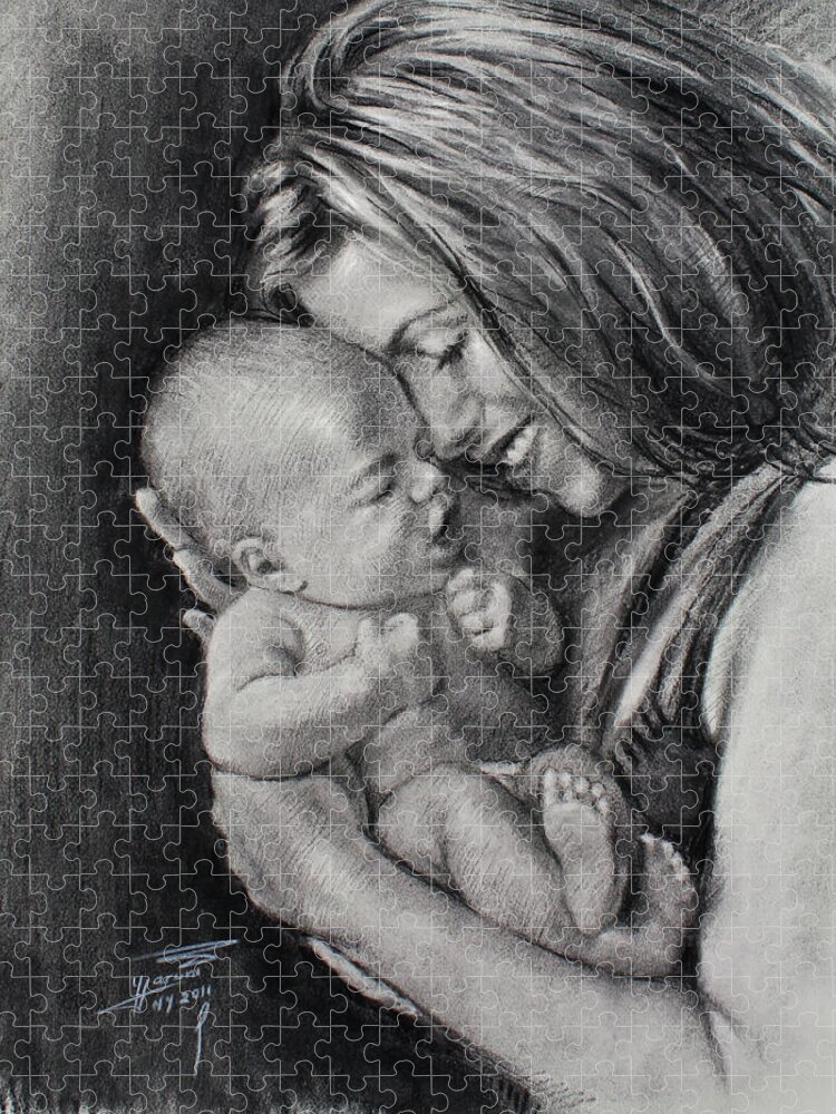 Happy Young Mother Jigsaw Puzzle featuring the drawing Happy Young Mother by Ylli Haruni