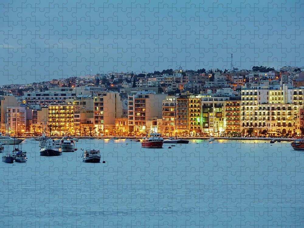 Hotel Jigsaw Puzzle featuring the photograph Harbourside Of Sliema Illuminated At by Allan Baxter