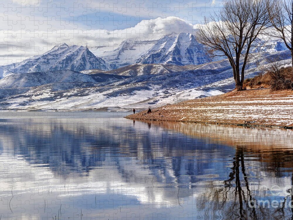 Mount Timpanogos Jigsaw Puzzle featuring the photograph Hardy Fishermen Deer Creek Reservoir and Timpanogos in Winter by Gary Whitton