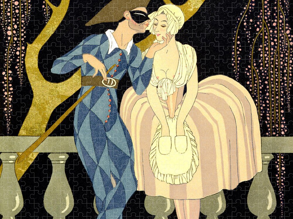 Harlequin Jigsaw Puzzle featuring the painting Harlequin's Kiss by Georges Barbier