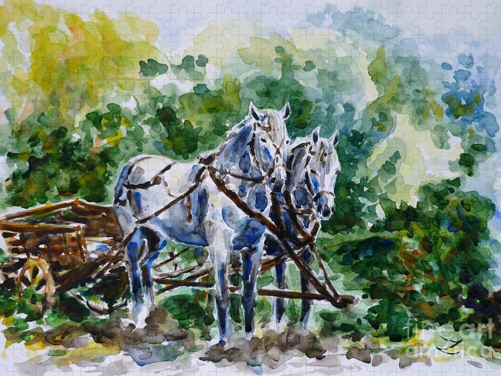 Horse Jigsaw Puzzle featuring the painting Harnessed Horses by Zaira Dzhaubaeva