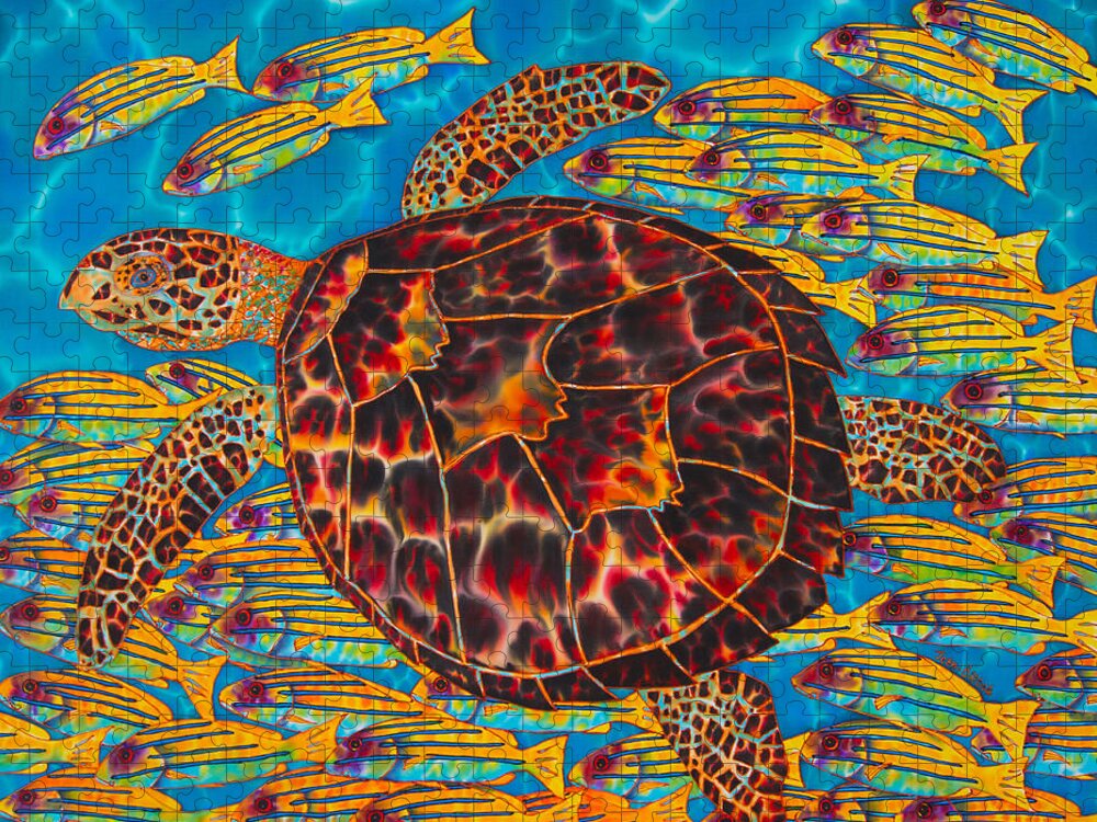 Turtle Jigsaw Puzzle featuring the painting Hawksbill Sea Turtle and Snappers by Daniel Jean-Baptiste