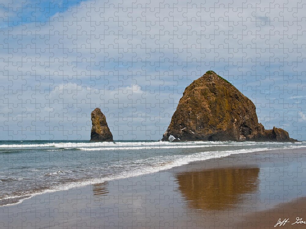 Beach Jigsaw Puzzle featuring the photograph Haystack Rock Reflected in the Wet Sand by Jeff Goulden