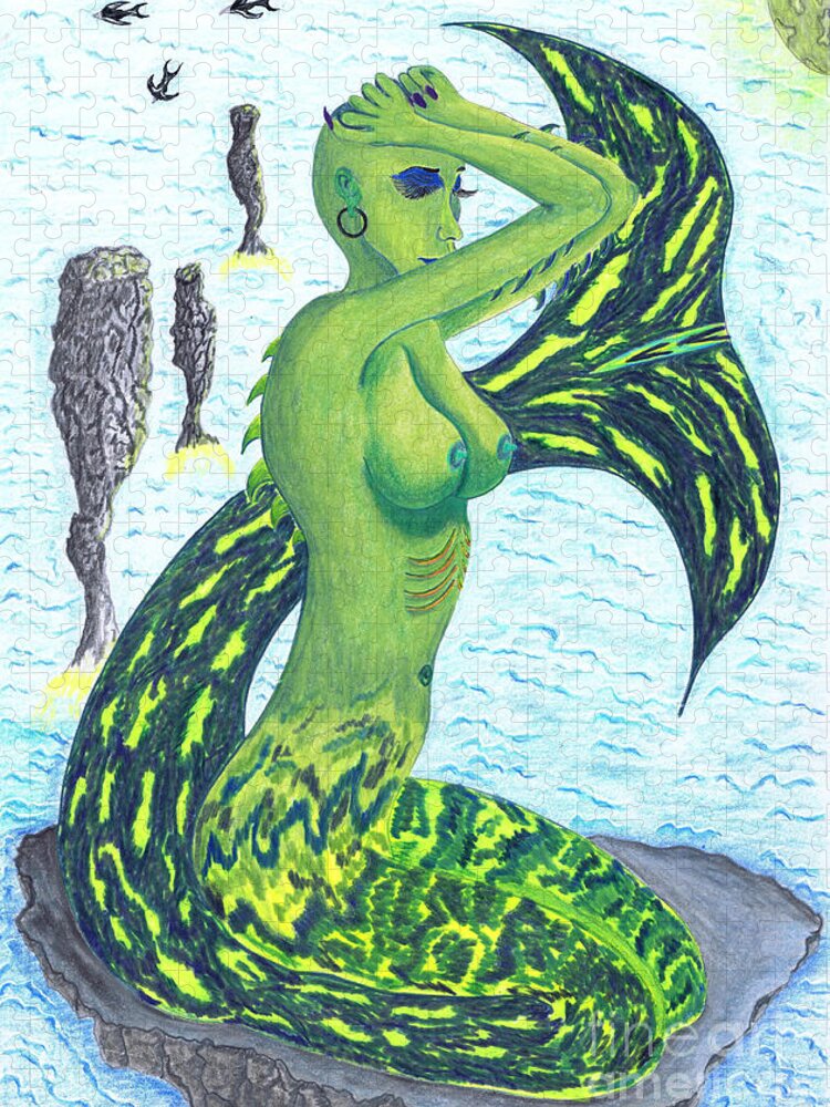 Mermaid Jigsaw Puzzle featuring the drawing Heaven And The Sea. by Kenneth Clarke