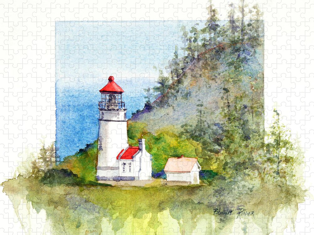 Heceta Head Lighthouse Jigsaw Puzzle featuring the painting Heceta Head Lighthouse by Bonnie Rinier