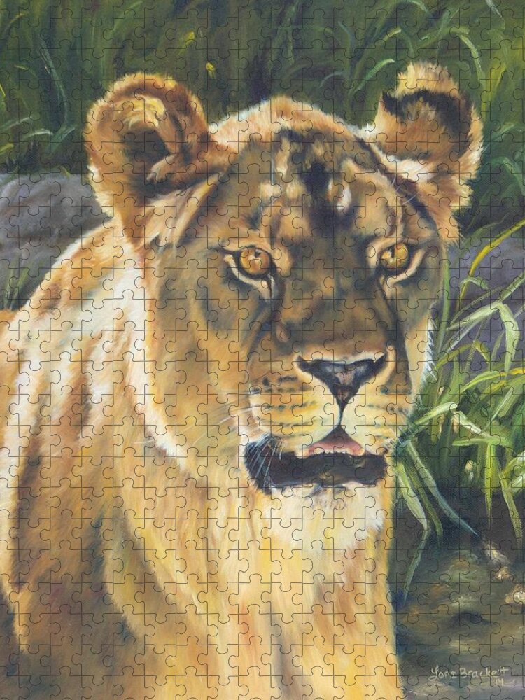 Lion Jigsaw Puzzle featuring the painting Her - Lioness by Lori Brackett