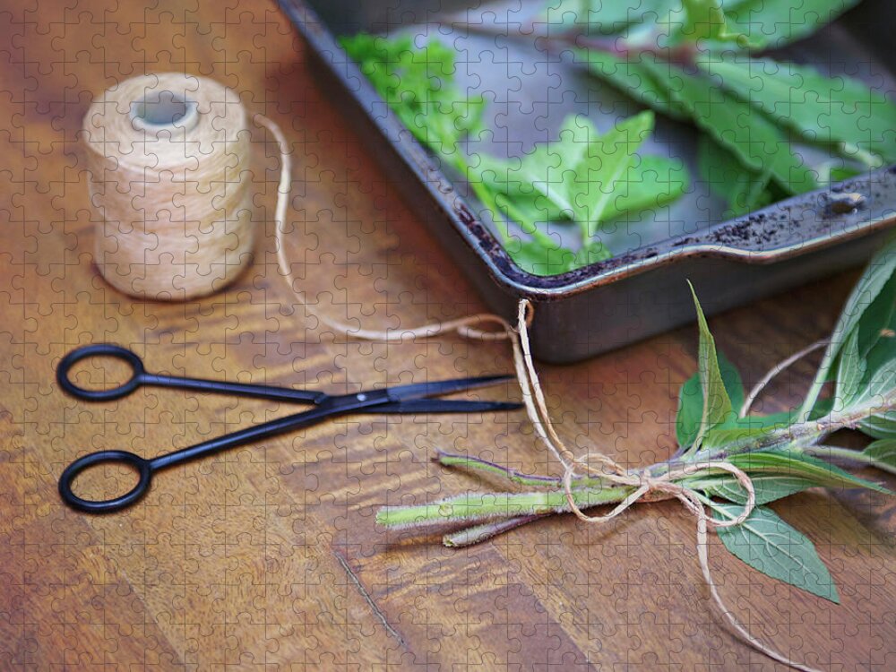 Wood Jigsaw Puzzle featuring the photograph Herbs And String by Sharon Lapkin