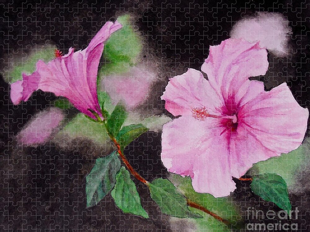 Flowers. Hibiscus Jigsaw Puzzle featuring the painting Hibiscus - So Pretty in Pink by Sher Nasser