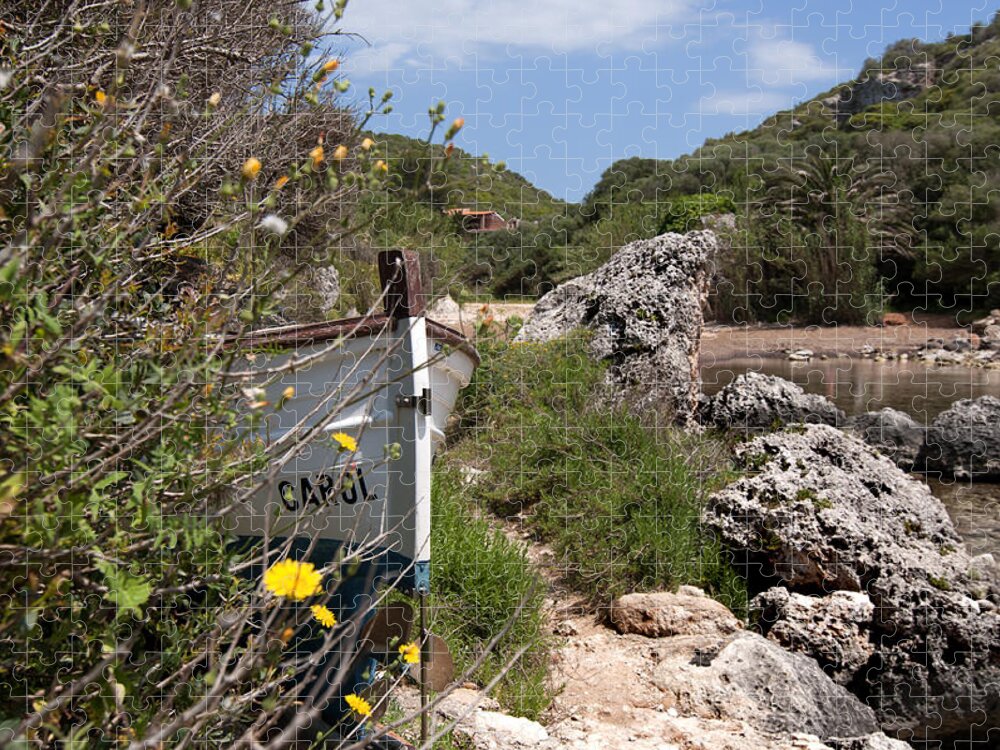 Blue Jigsaw Puzzle featuring the photograph hidden caroline - In middle of cales coves menorca is a llaut hidden of curious sights by Pedro Cardona Llambias