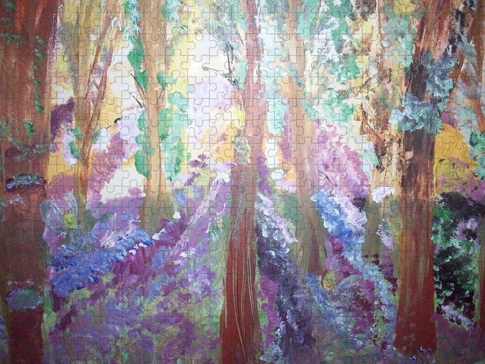 Trees Jigsaw Puzzle featuring the painting Hidden Forest Fairies by Judith Desrosiers