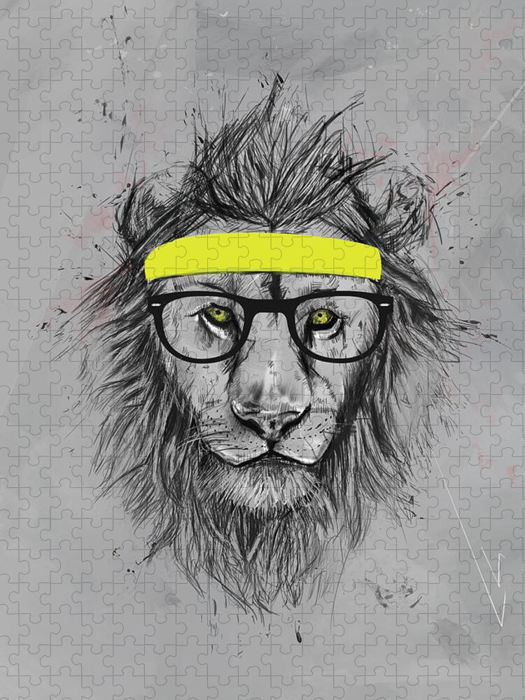 Lion Puzzle featuring the drawing Hipster lion by Balazs Solti