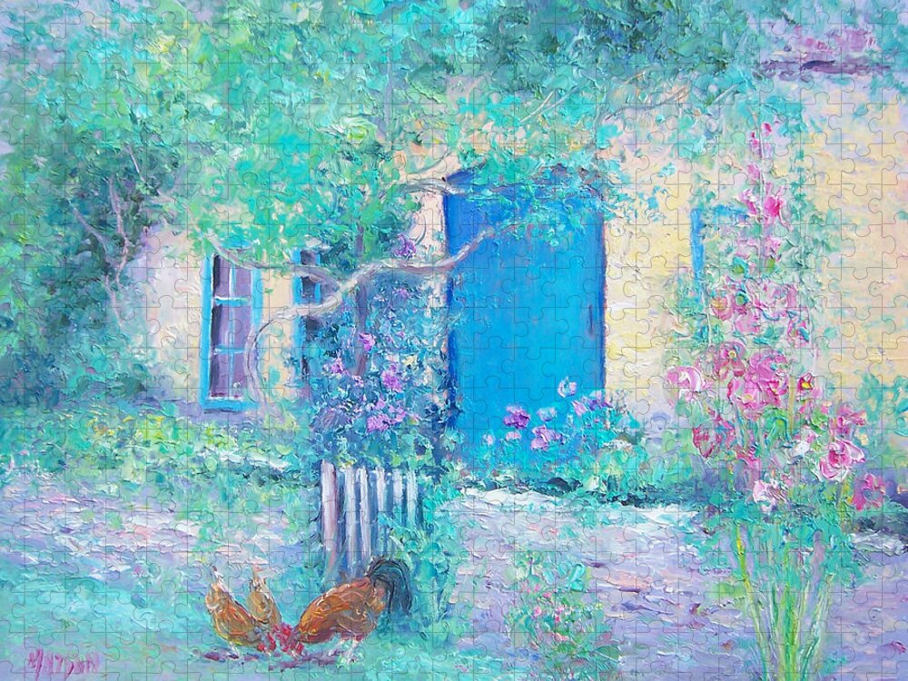 Cottage Garden Jigsaw Puzzle featuring the painting Hollyhocks garden by Jan Matson