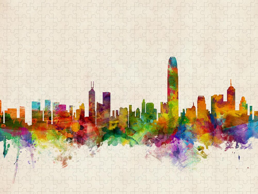 Watercolor Skyline Of Hong Kong Jigsaw Puzzle featuring the digital art Hong Kong Skyline by Michael Tompsett
