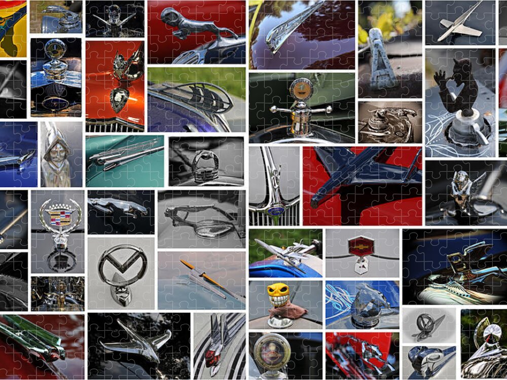 Cars Jigsaw Puzzle featuring the photograph Hood Ornament Collage by Mike Martin