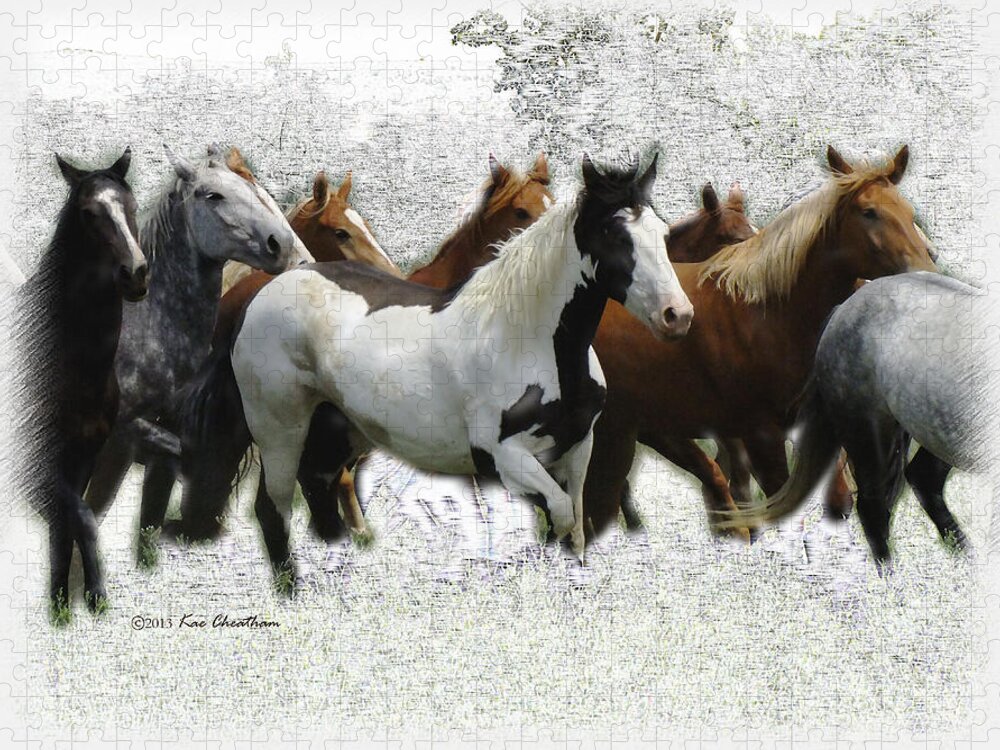Horses Jigsaw Puzzle featuring the mixed media Horse Herd #3 by Kae Cheatham