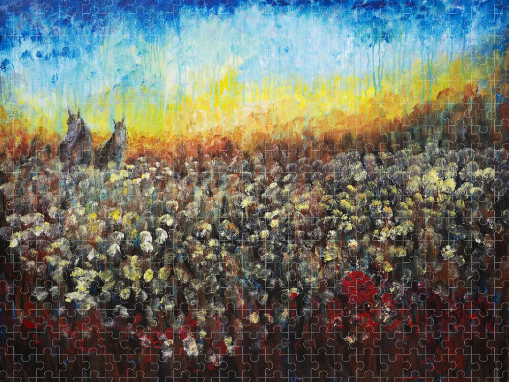 Horses Jigsaw Puzzle featuring the painting Horses and Dandelions by Nik Helbig