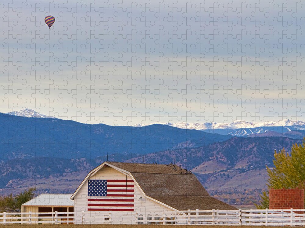 'hot Air Balloon' Jigsaw Puzzle featuring the photograph Hot Air Balloon Boulder Flag Barn and Eldora by James BO Insogna