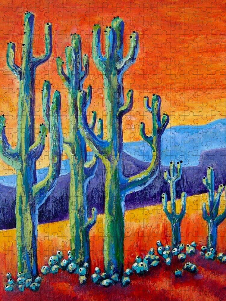 Saguaro Cactus Jigsaw Puzzle featuring the painting Hot Giants by Suzanne Theis