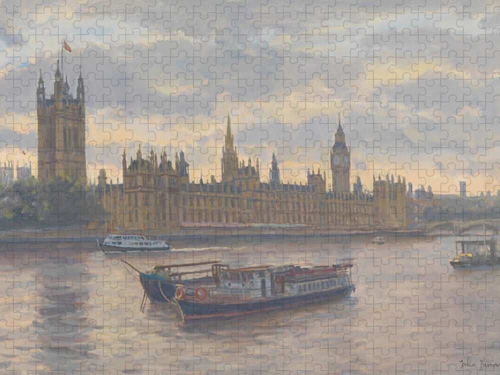 Architecture; Thames; Boats; London; Parliament; River; Exterior Jigsaw Puzzle featuring the painting Houses of Parliament by Julian Barrow