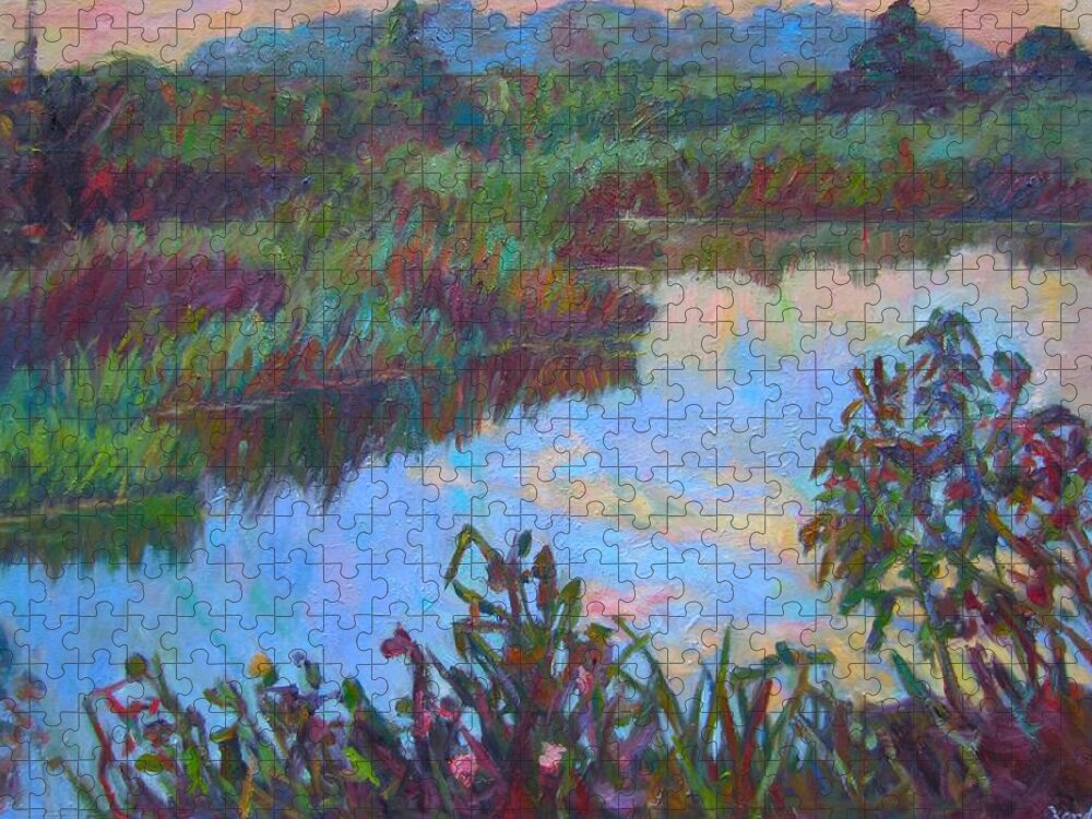 Landscape Puzzle featuring the painting Huckleberry Line Trail Rain Pond by Kendall Kessler