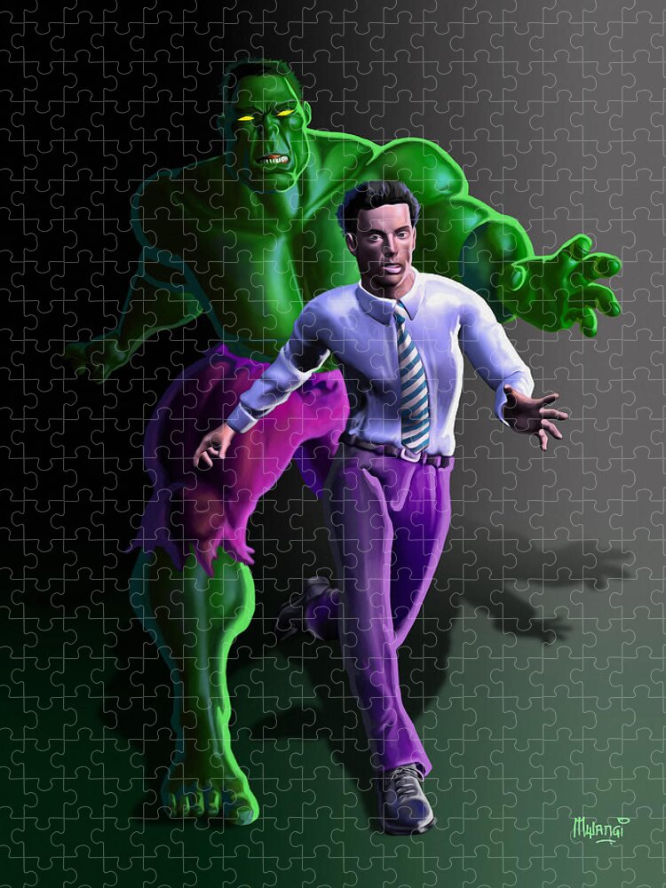 Incredible Hulk Jigsaw Puzzle featuring the painting Hulk - Bruce Alter Ego by Anthony Mwangi